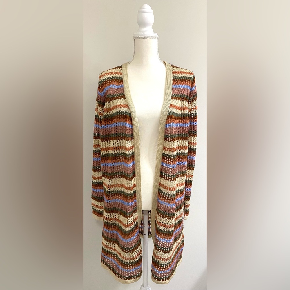 Rue 21 Womens L Brown Tan Stripe Crochet  Cardigan Sweater Boho Fall Eclectic